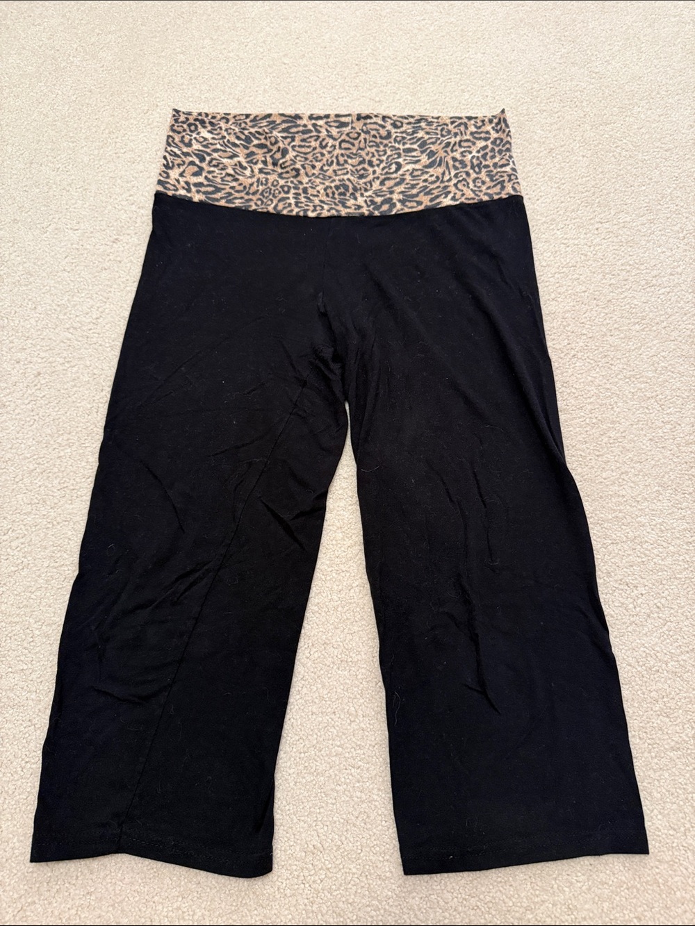 Sweet Dreams Black Cropped Wide-Leg Pants with Leopard-Print Waistband